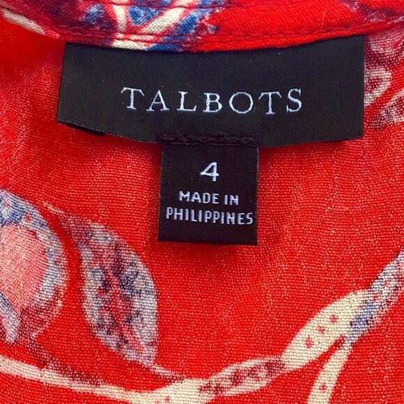 Talbots Red Blue Cream Floral Print V Neck Button Front Sash Waist Dress - Picture 15 of 16